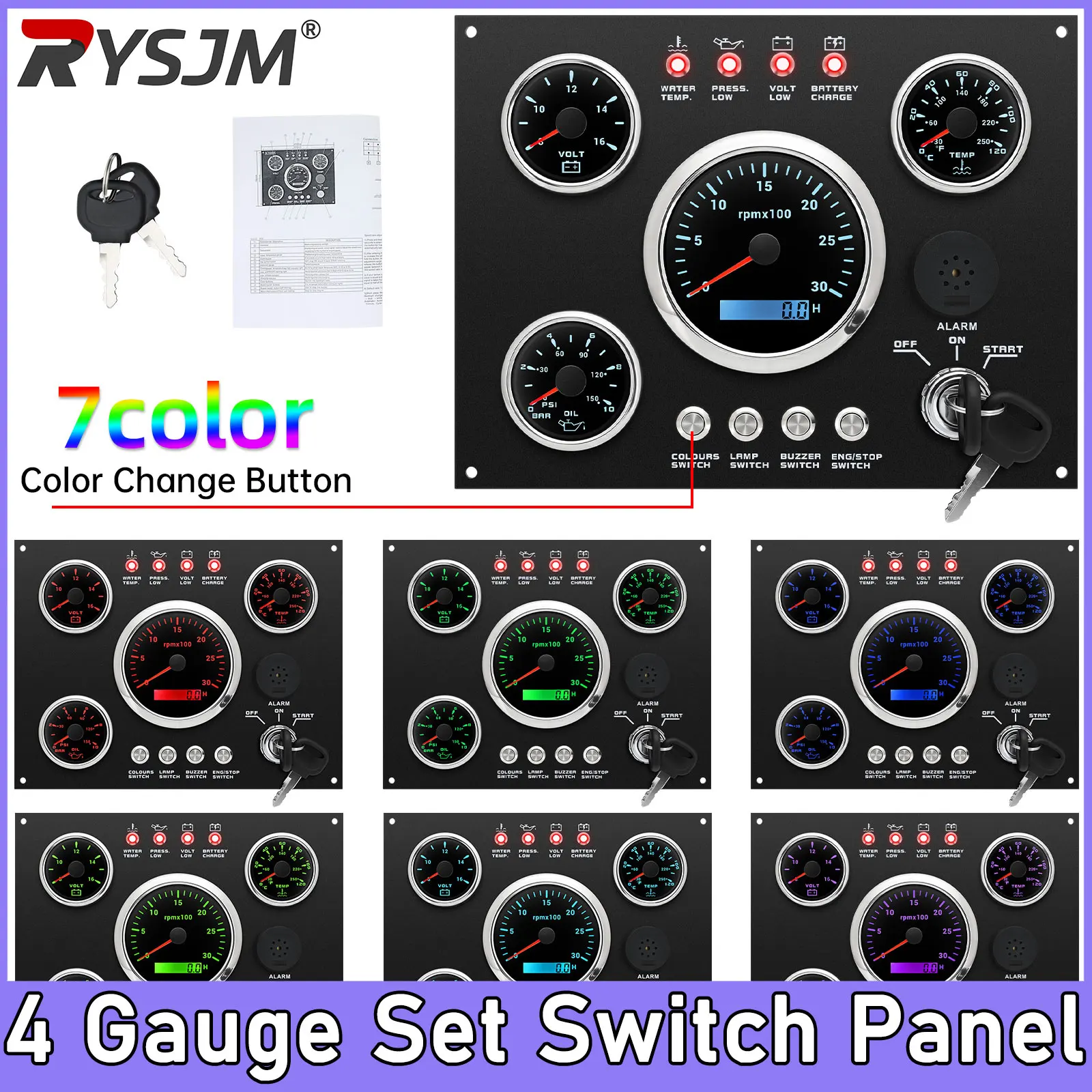 4 Gauge Set Switch Panel 85mm Tachometer 0~3000rpm Water Temp Volt Oil Press Dashboard 12V  For Car Boat 7 Color LED Dashboard