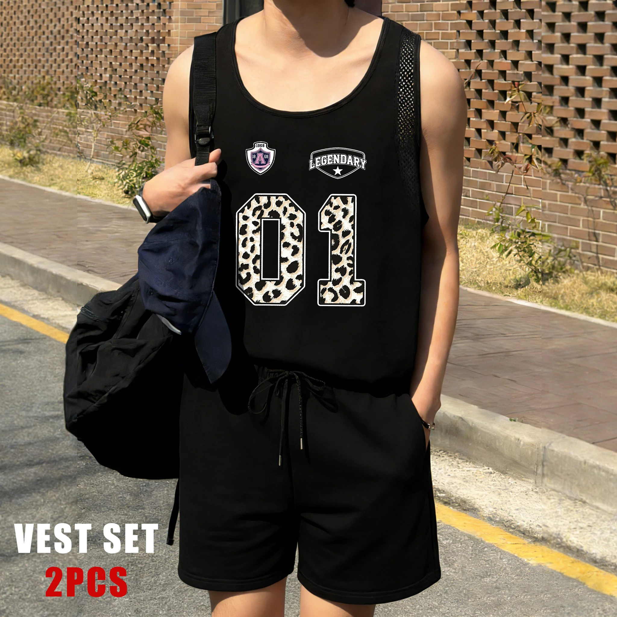 

Number 01 Composed Of Leopard Print Printed Men Reticular Vest Suit Basics Singlets Fashion Drawstring Shorts Unisex Sports Set