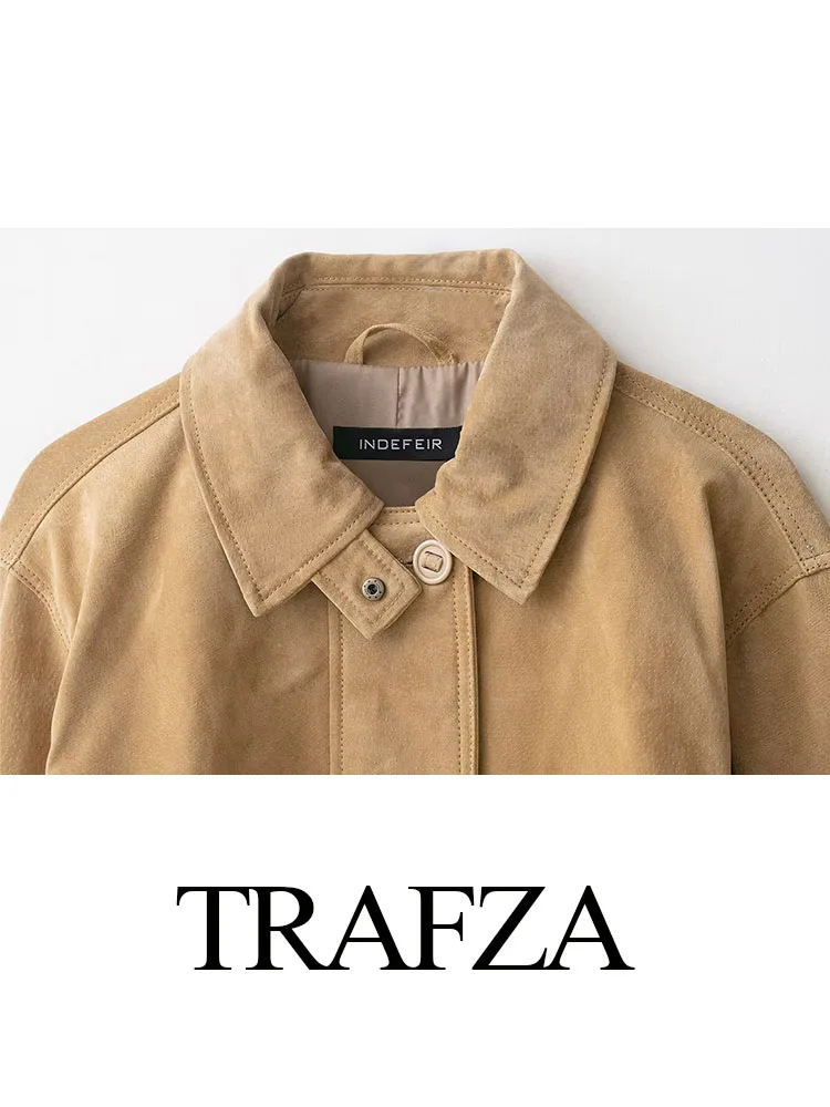 

TRAFZA Woman Autumn Casual Loose Coat Solid Turn-Down Collar Pockets Single-Breasted Woman's Fashion Long-Sleeved Jackets Trendy