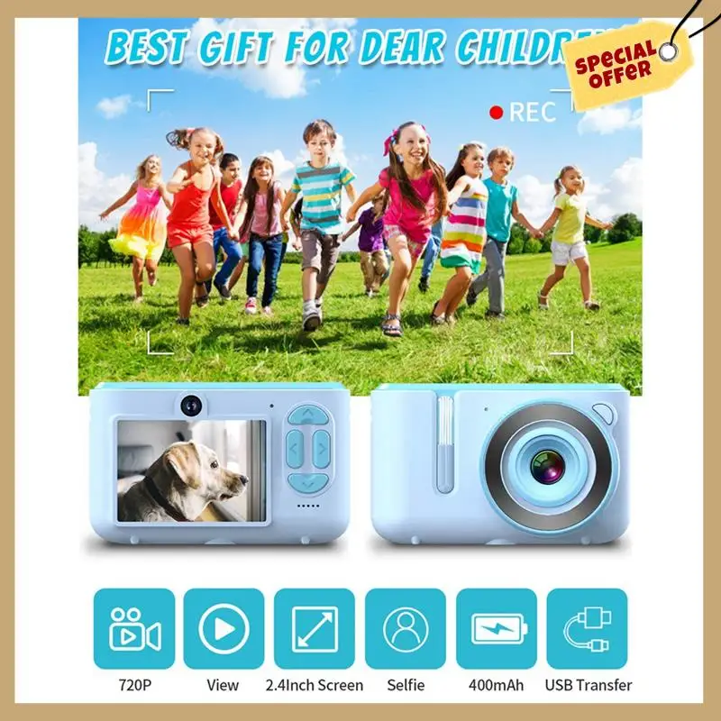 كاميرا صغيرة مزدوجة السيلفي كاميرا صور رقمية HD 720P فيديو USB شحن شاشة ملونة للأطفال هدية زرقاء