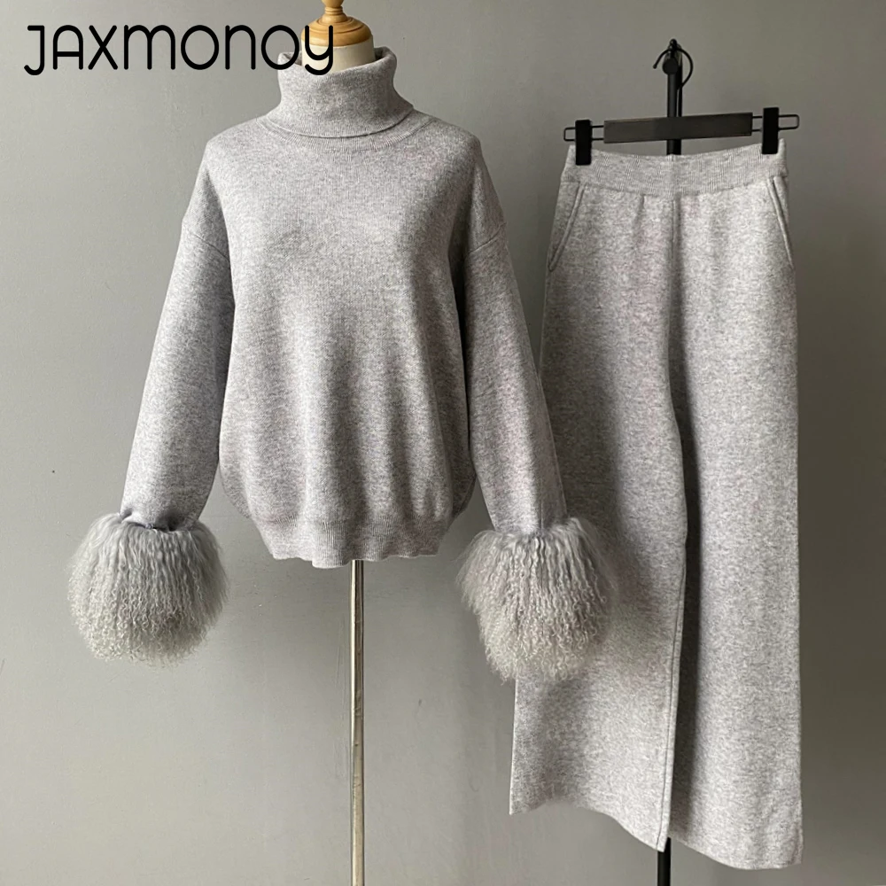 

Jaxmonoy Women's Sweater Set with Real Mongolian Sheep Fur Cuffs High Quality Wool & Blend Knitted Pullover and Pants 2024 New