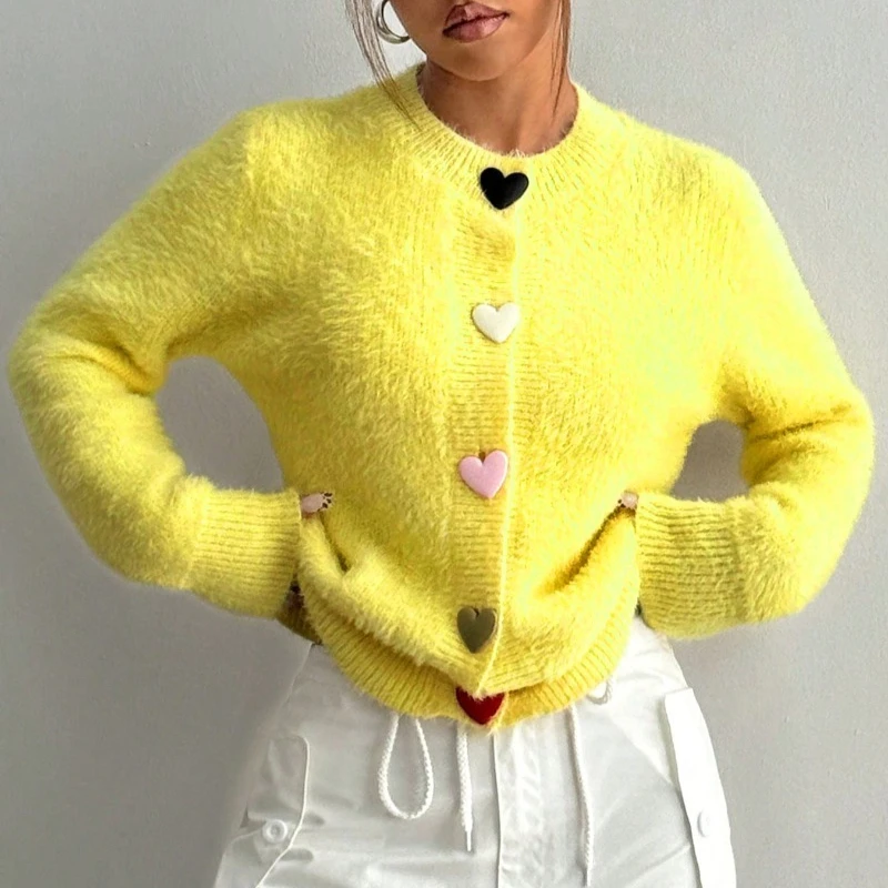 

Autumn Winter Women's Elegant and Fashionable Cardigan Solid Color Round Neck Casual Color Heart Shaped Button Sweater Top