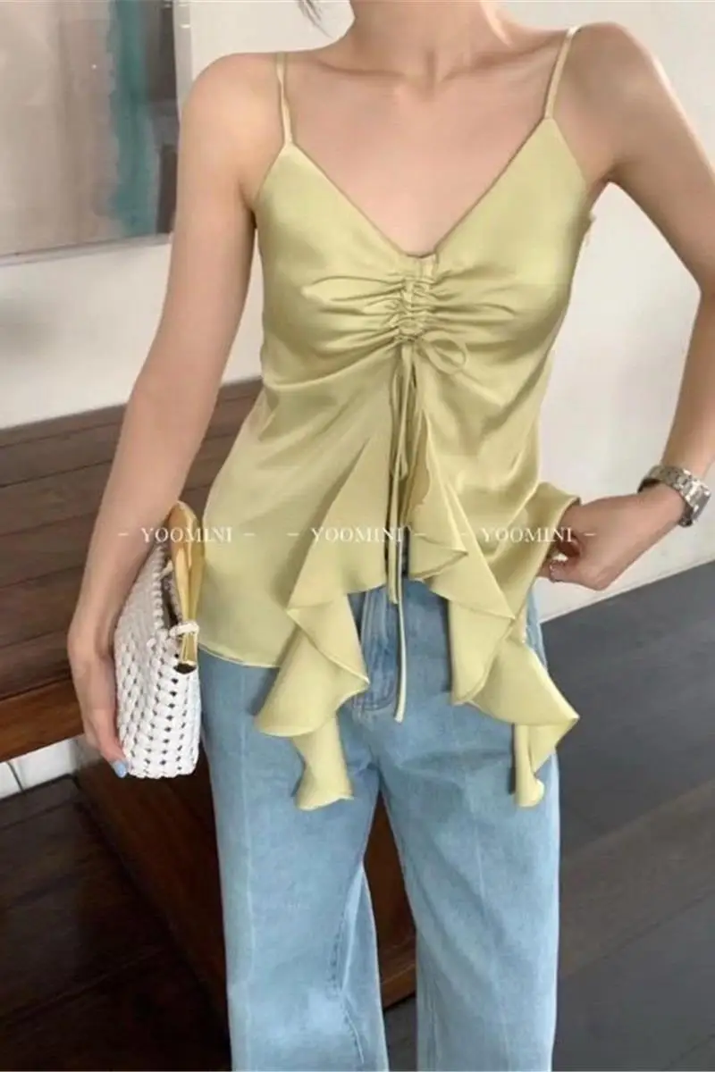 Mint Mambo Acetate Satin V-neck Strap Top Women Summer Outerwear Wrinkled Drawstring Black Fungal Top