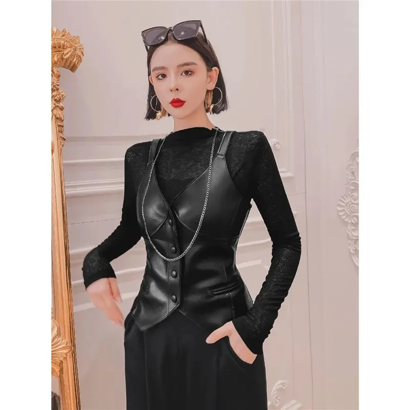 Fashionable Design Leather Jacket Black PU Leather Vest Women's Short 2024 Spring Autumn Versatile  Waistcoat Leather Coat Top