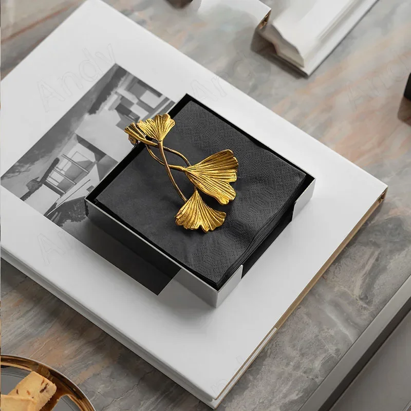 

European Stainless Steel Tissue Box Brass Ginkgo Leaf Decor Hotel Table Napkin Holder Afternoon Tea Desktop Tissue Organizer