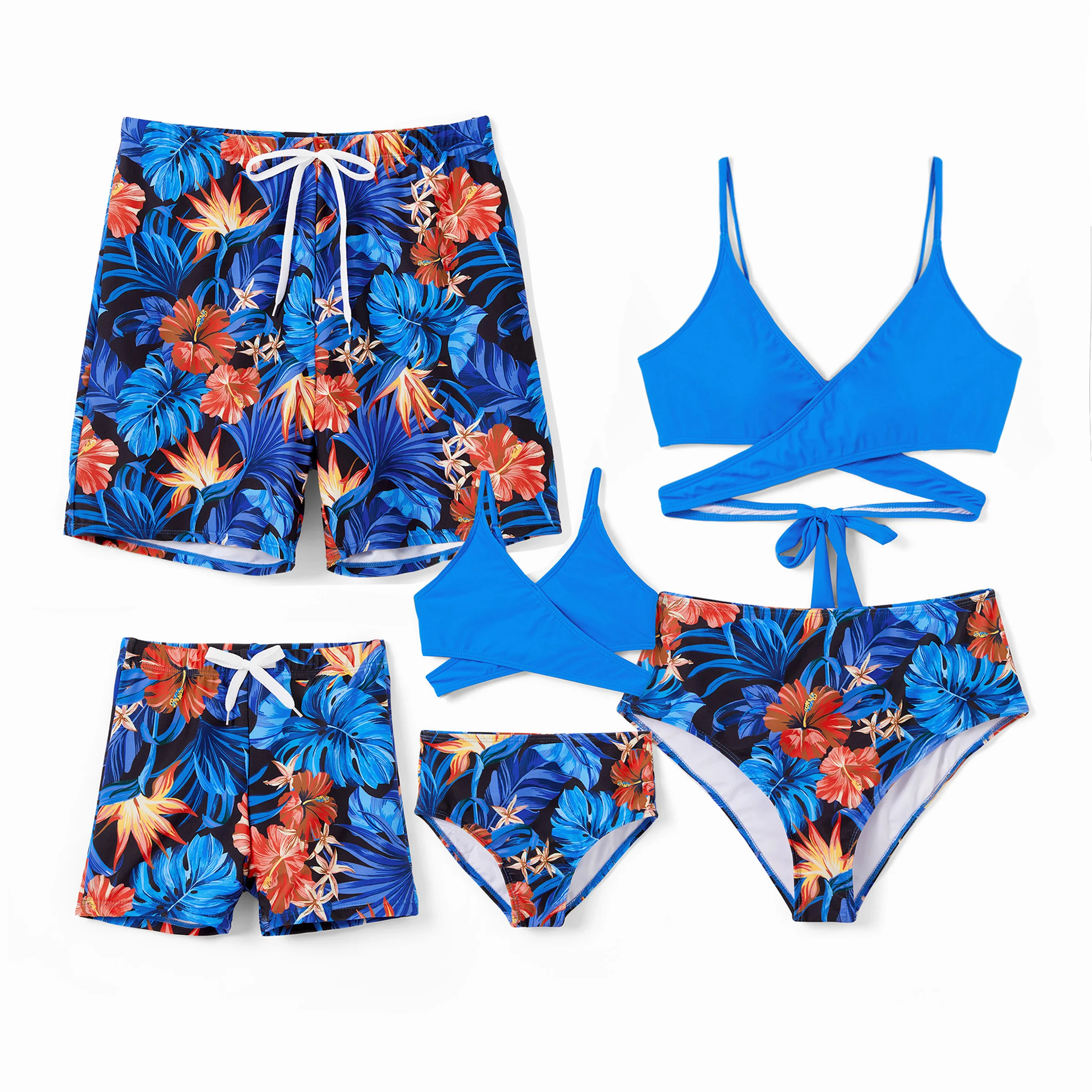 

PatPat Family Matching Blue Tropical Floral Swim Trunks or Strappy Cross Two-piece Bikini
