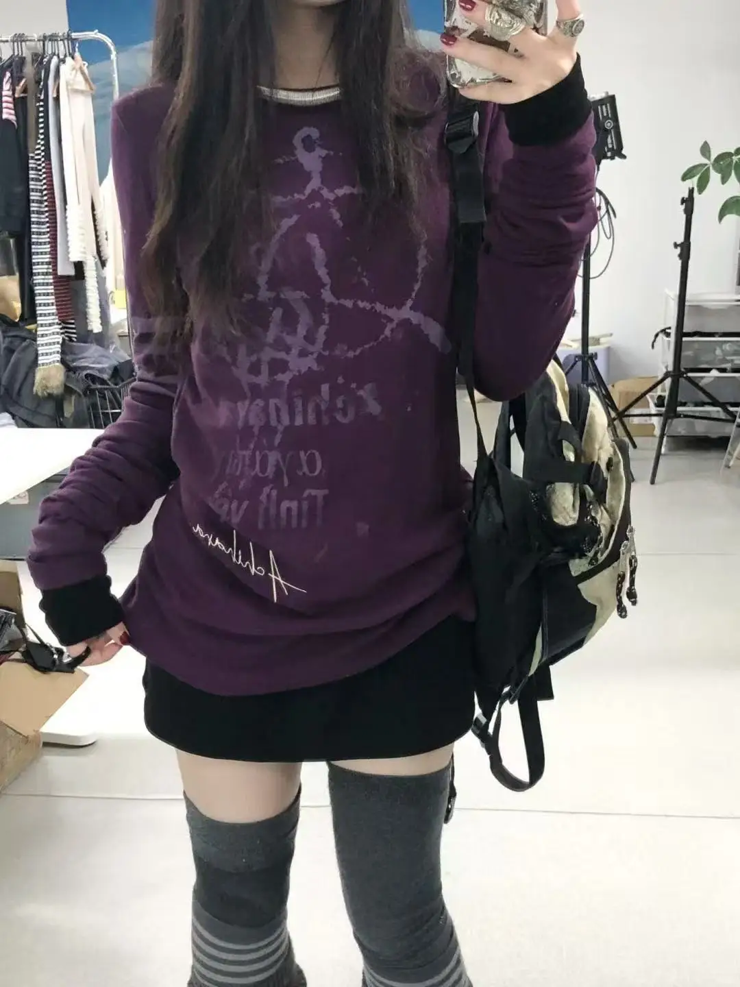 ثقافة فرعية Y2k تي شيرت طويل الأكمام Harajuku مائل الرقبة القمم الأمريكية خمر طباعة عادية القوطية الخريف تيز الشرير نمط الملابس