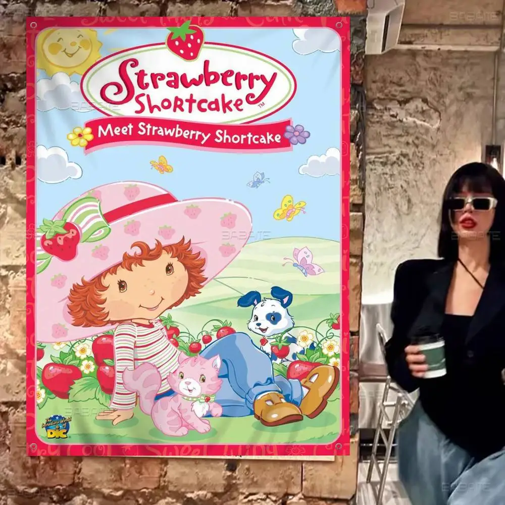 S-Strawberry-shortcake Girl Large Size Flags Printing Patterns Interesting Birthday Party Decorations Banner