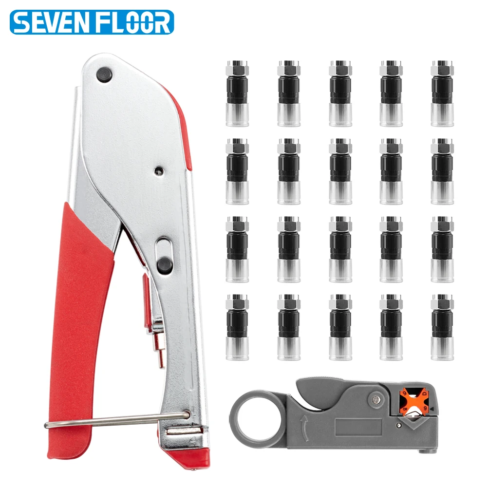 

RG6 RG59 Coaxial Compression Tool Kit, Crimper & Wire Stripper with 20pcs F Connectors for CATV Satellite TV CCTV Installation