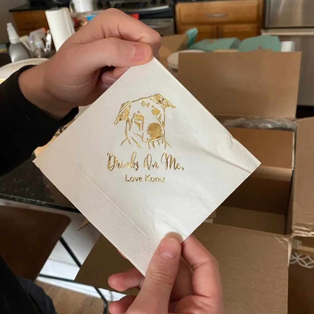 Drinks on Me!! Custom Illustrated Dog Wedding Napkins, Pet Wedding Napkins,Bridal Shower, Engagement Party, Bar Napkins, 50Pcs