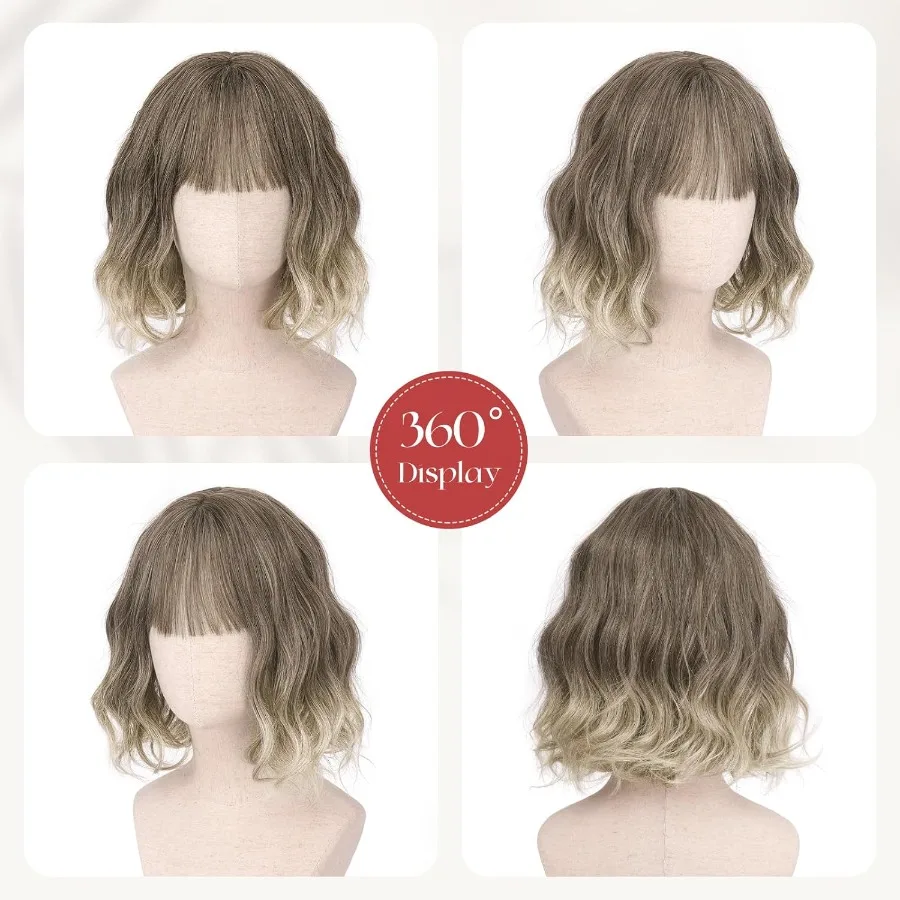 قصيرة متموجة براون أومبير شعر مستعار أشقر 12 بوصة بوب شعر مستعار مع الانفجارات للنساء مجعد طول الكتف شعر مستعار بوب مع الانفجارات لينة الاصطناعية