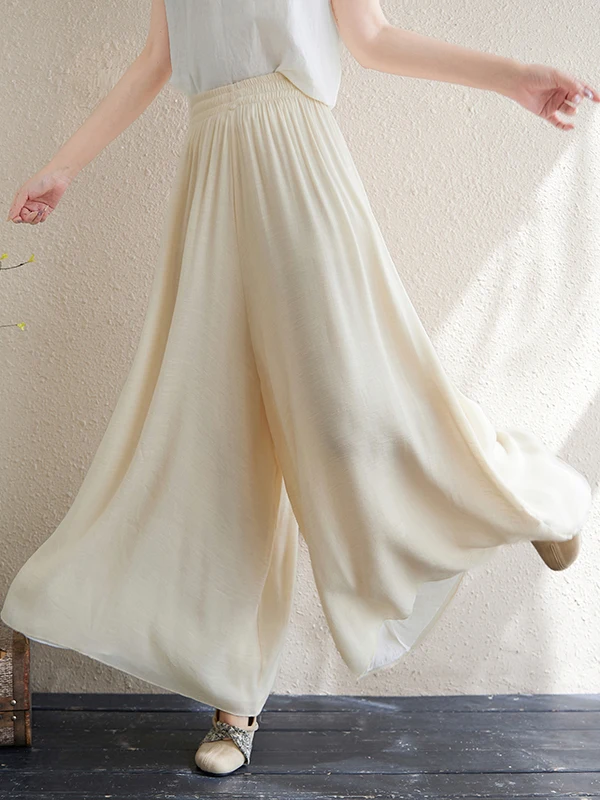 Pantalones de pierna ancha de lino y algodón para mujer, pantalones informales Retro holgados, pantalones de falda larga con cintura elástica fina