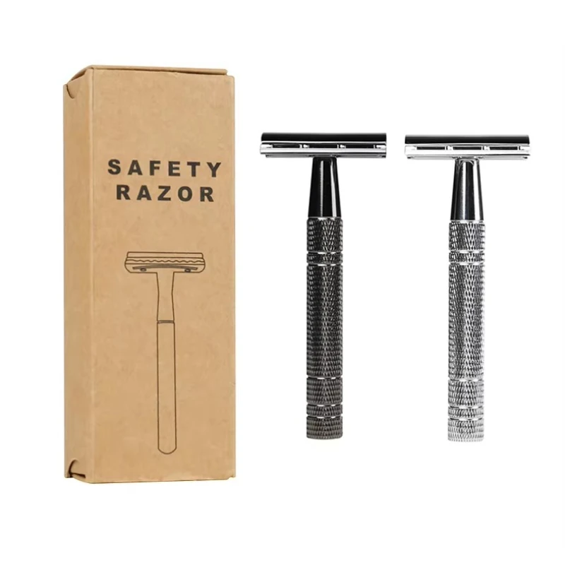 

Двусторонняя безопасная бритва с алюминиевой ручкой и головкой из цинкового сплава, экологически чистая бритва, подходящая для гладкого бритья.