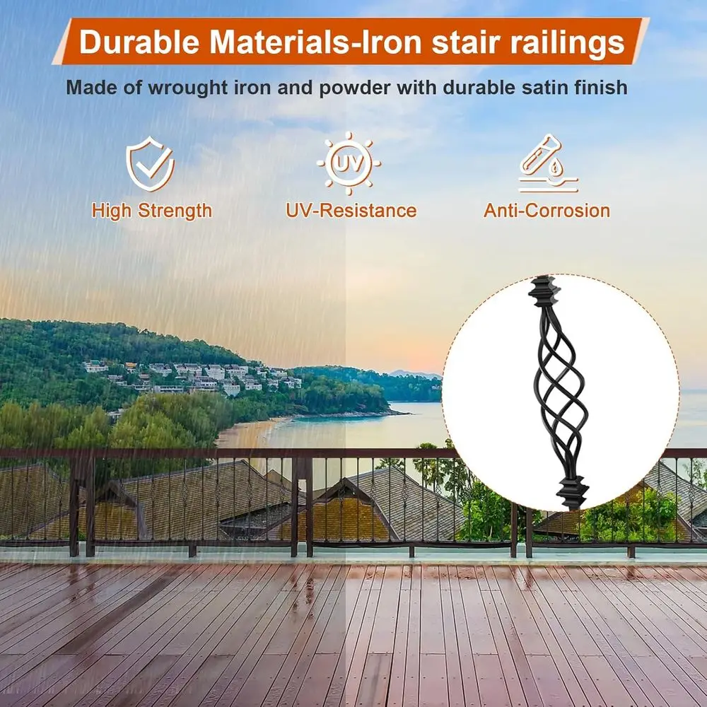 Set 10 Baluster Besi, 44 Railing Tangga dengan 20 Spindle, Interior Hitam Satin