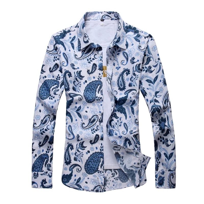 7XL Large Size Irregular Print Shirt Men\'s Long-sleeved Shirts Fashion Casual Tops Red Blue Yellow Camisa Male Chemise