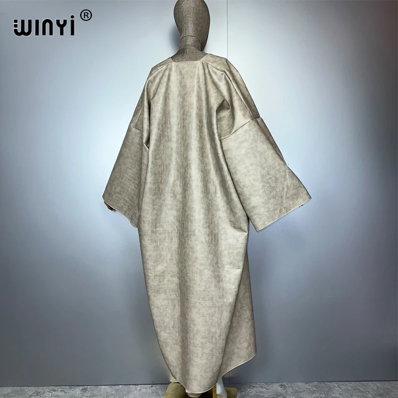 WINYI Winter Women Artificial leather cardigan Long Coat muslim woman dresses robe abaya dubai luxury Middle East Female KIMONO