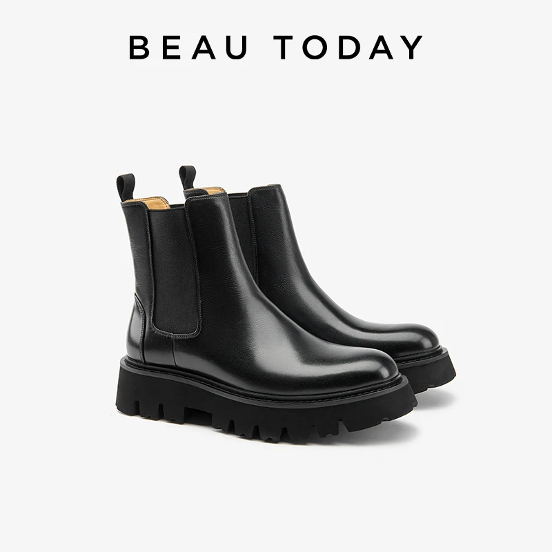 

BEAUTODAY Chelsea Boots Men Calfskin Leather Solid Color Round Toe Platform Ankle Boots Slip-on Male Shoes Handmade 54261