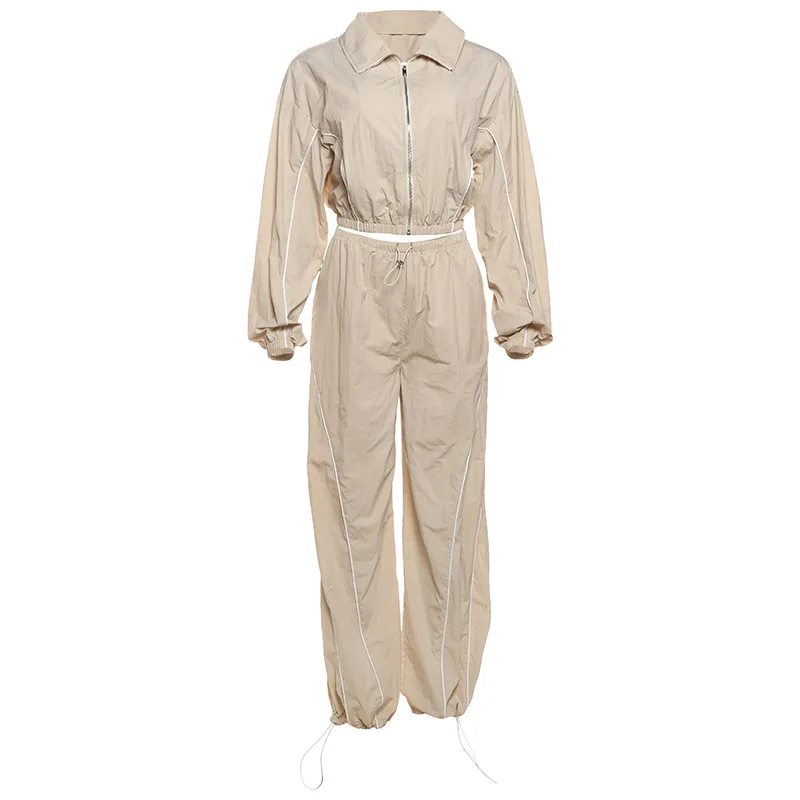 秋の新女性のファッションジッパーターンダウンカラージャケットコート & 巾着ハイウエストカジュアルロングパンツセット