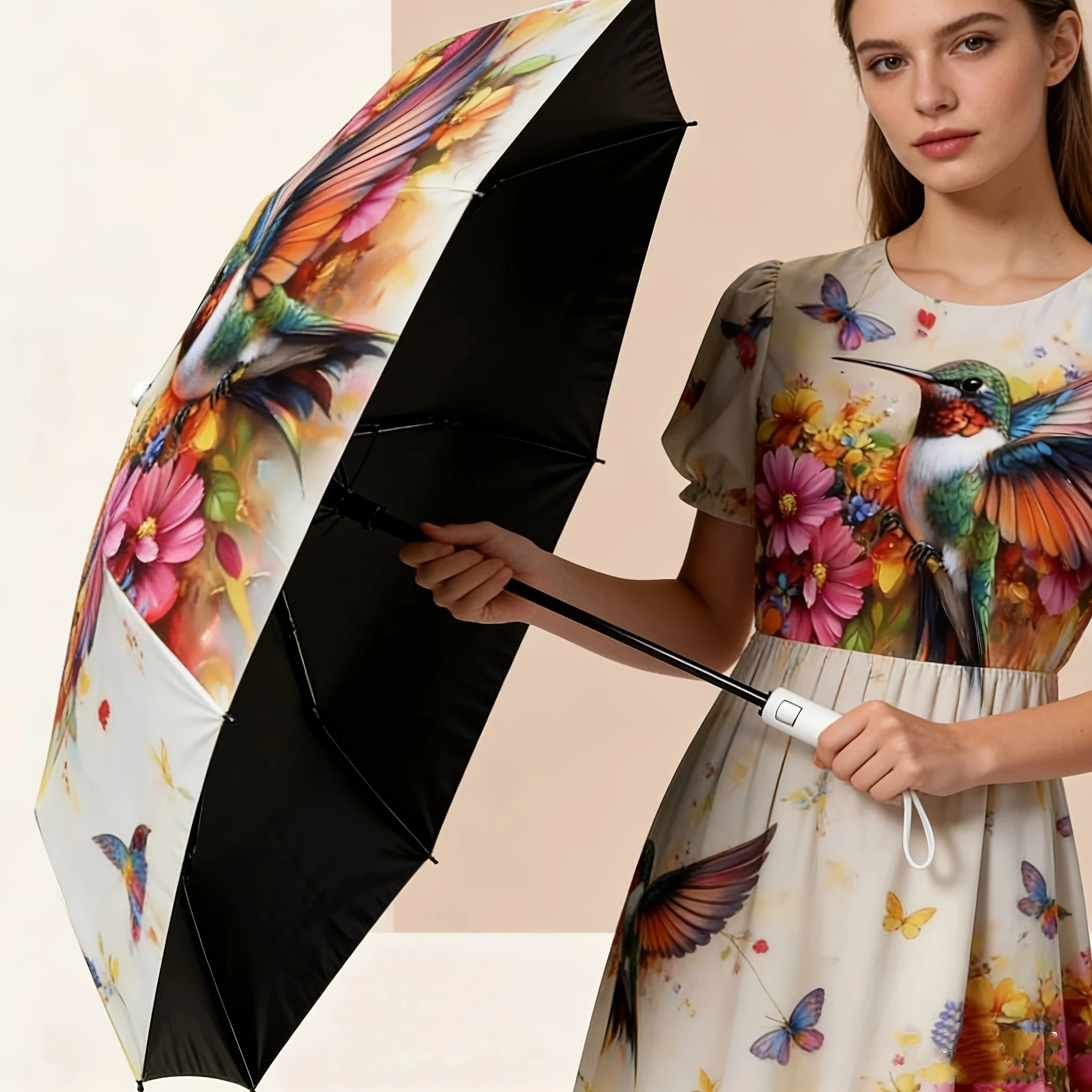 

Складной зонт с изображением птицы | Портативный, 8 спиц, автоматическое открытие, материал из понжи, 2 слоя, защита от дождя, для использования на улице