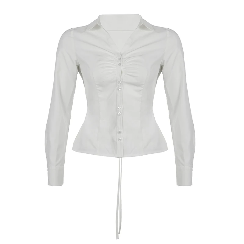 IAMHOTTY Chic Button-up Shirt White Slim-fitting Back Tie-up Waist Blouses High Street Casual Basic Button-up Tops Streetwear