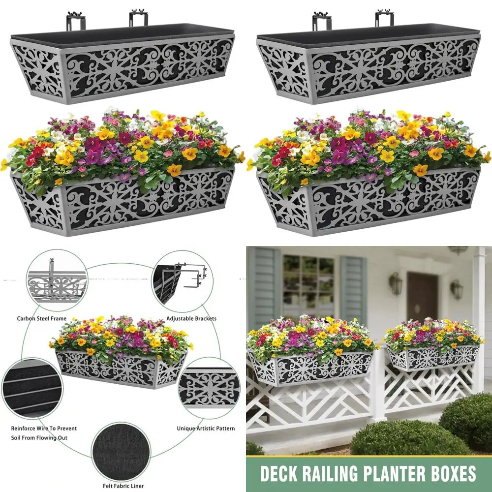 

24 Inch Window Boxes with Adjustable Brackets for Outdoor Plants, Deck Railing, Porch, Balcony, and Garden Decor