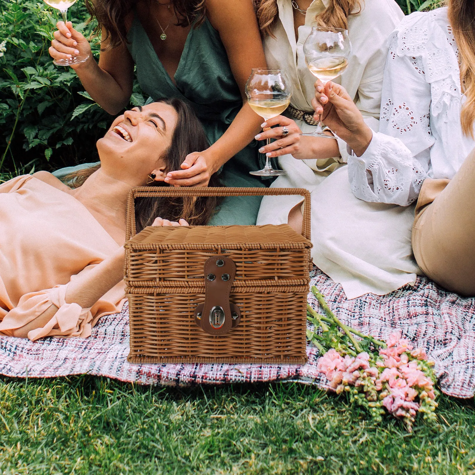 

1pc Portable Woven Storage Basket Handmade Pp Material Large Picnic Organizer Sturdy Handle Outdoor Home Use Fruit Vegetable Egg