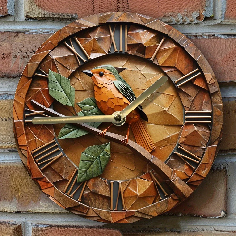 DIY 3D Robin Wall Clock Kit , High-Definition Art Clock with 2D Effects, Autumn Leaves Pattern, Craft or Living Room Decoration