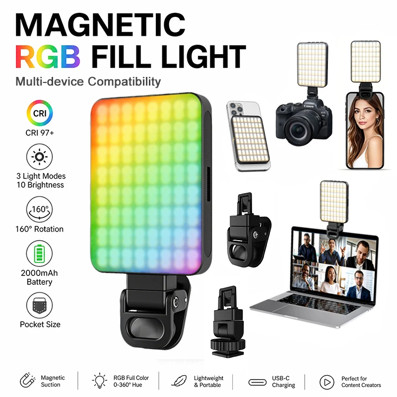 Magnetisches RGB-LED-Fill-Light 2000mAh Selfie-Licht für iPhone 17 16 15 Pro DSLR Laptop Vlog Live-Streaming Fotografie