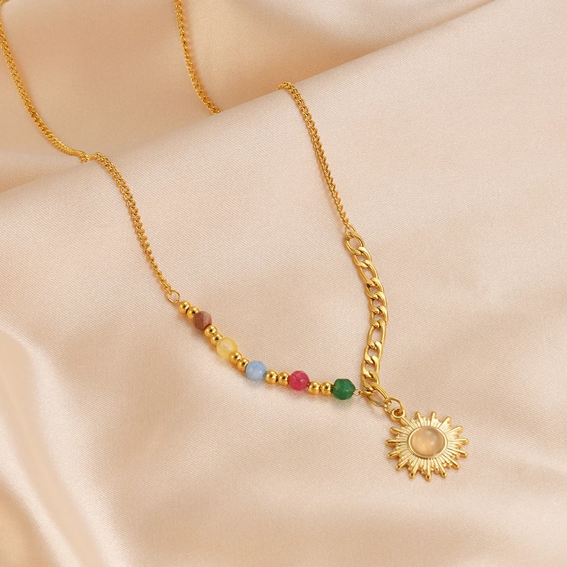 Bohemia Colorful Natural Stone Beaded Necklaces Vintage Sun Eye Stainless Steel Women Necklaces Summer Jewelry