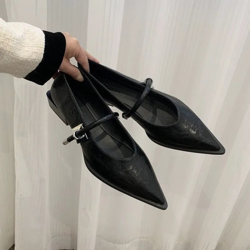 

2025 New Spring-Autumn Vintage Solid Color Pointed Toe Pumps Women's Metal Buckle Block Heel with Stylish Low Heel