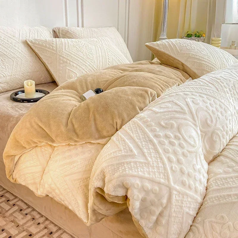 3D Printed Plush Four Piece Set Thick and Warm Winter Duvet Covers and Bed Sheets AB Style Is Soft Coral Fleece Bedding Article