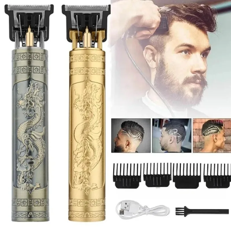 T9 Electric Beard Trimmer Cordless Hair Clipper for Men 4 Guide Combs Brush USB C Wire Vintage Bronze Finish Shaver Groom Kit