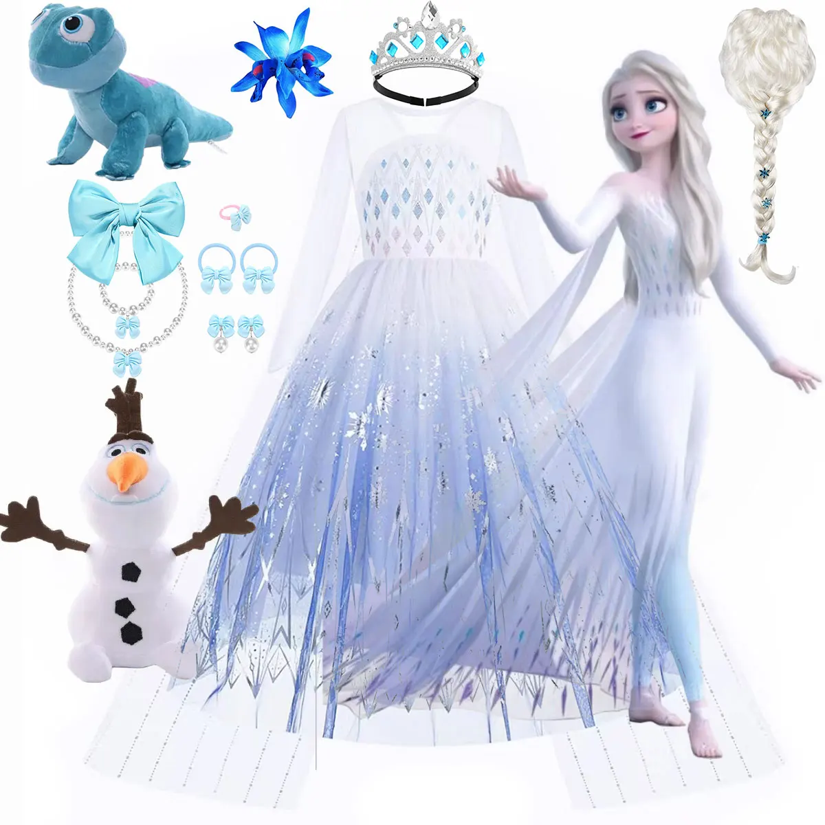 

Disney 2024 Little Girls Princess Dress Snow Queen Fantasy Cosplay White Fancy Elegant Dress Elsa Costume Frozen Carnival Dress