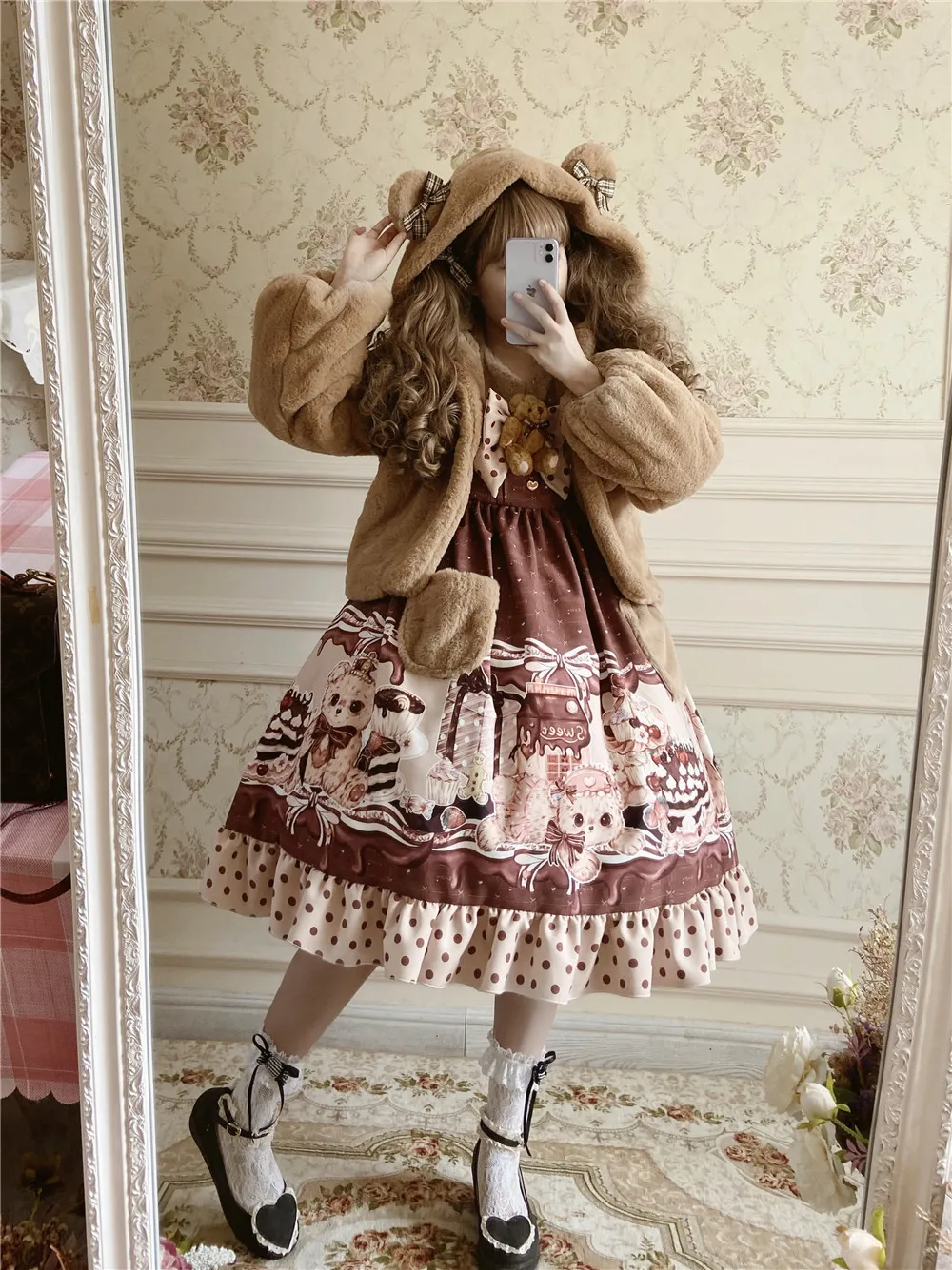 Lolita Autumn Winter Bobo Bear Teddy Retro Color Matching Warm Long-sleeved  Peter Pan Collar High Waist Victorian Dress Cos