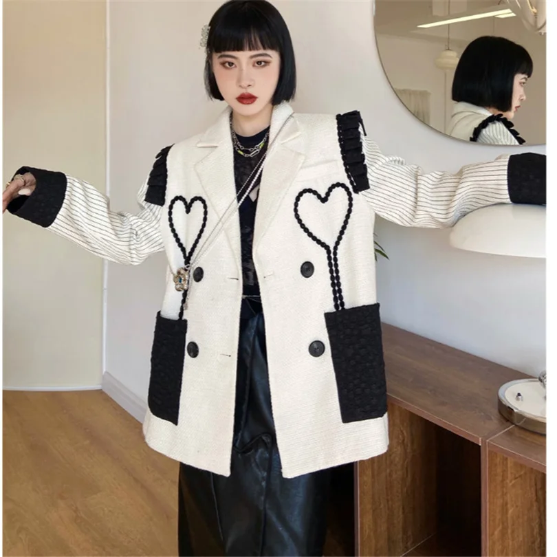 

sleeve 2023 long spring new black and white contrast color blazer striped patchwork suit jacket fashion casual women's clothing