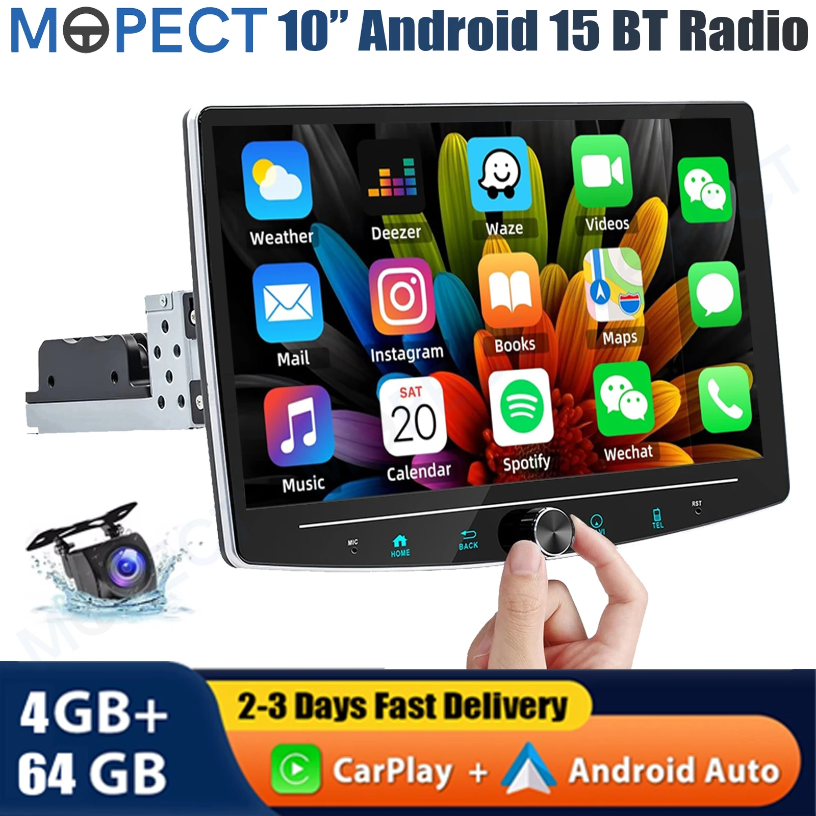 MOPECT 10.1" Single 1 Din Draaibare Carplay Android 15 Autostereo Radio MP5 Speler GPS Navigatie Draadloos Touchscreen FM BT+DAB&AHD