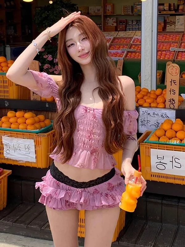 

Retro Pleated See-through Top And Ultra-short Skirt Beach Vacation Style Two-piece Set Breathable Lightweight Casual Fashionable