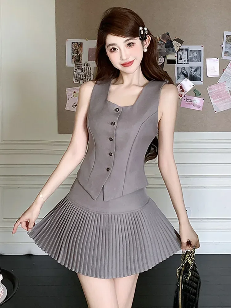 New Korean Fashion Two Piece Set Women Square Collar Sleeveless Vest Top + Hig  Waist Pleated Skirts Women\'s Suit Y2k