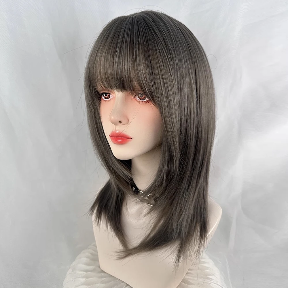 Peluca gris recta corta sintética para mujer, Cosplay de Lolita, peluca esponjosa con flequillo resistente al calor para fiesta diaria