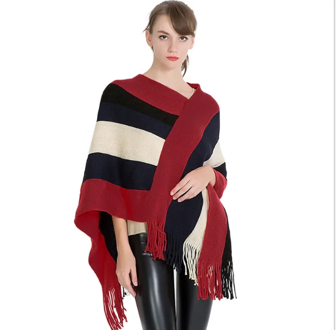 

Autumn Winter New Knitted Pullover Cloak Shawl Women's Fashion Stripe European American Women's Scarf Girl Outdoor Red