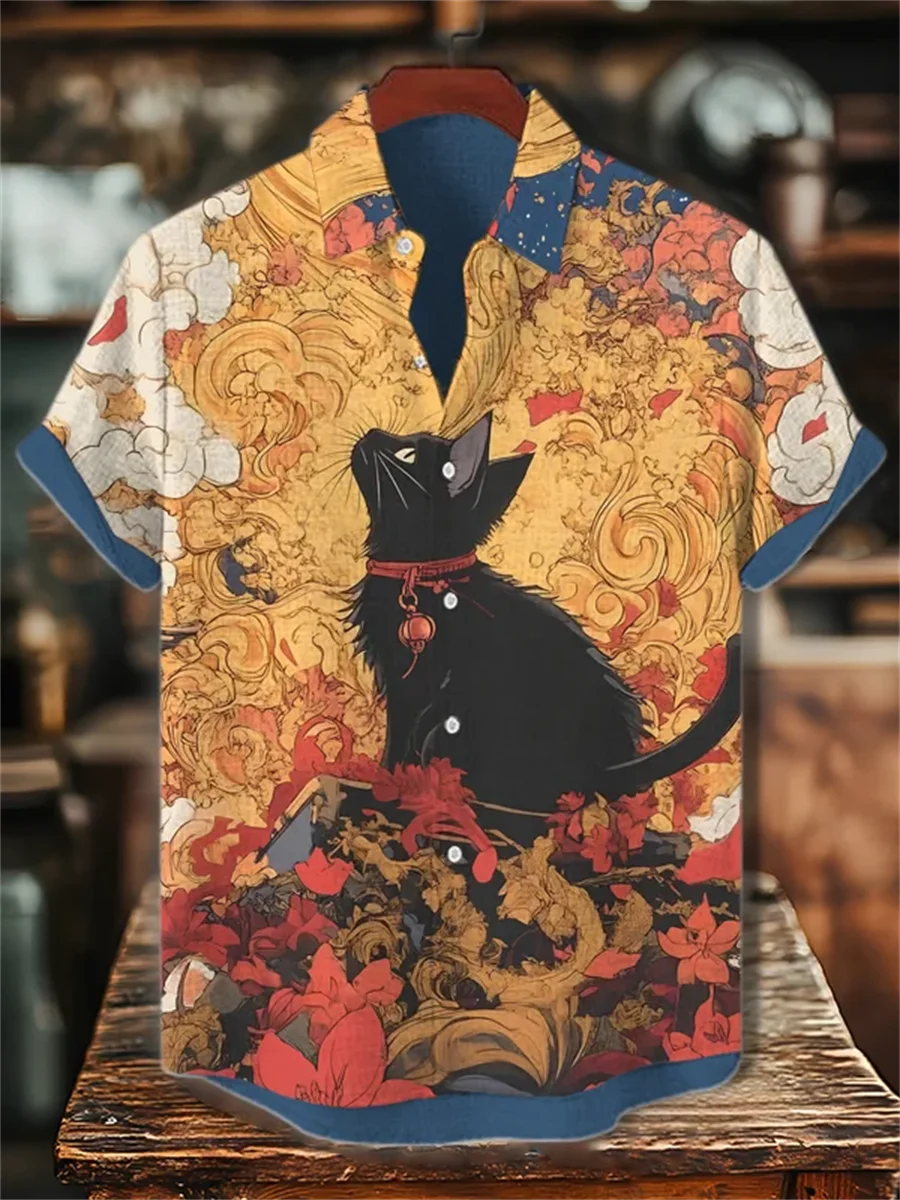 Men's Hawaiian Short Sleeve Shirt Vintage Black Cat Floral Cloud Ukiyo-e All Over Print Oriental Casual Beach Mens Clothing
