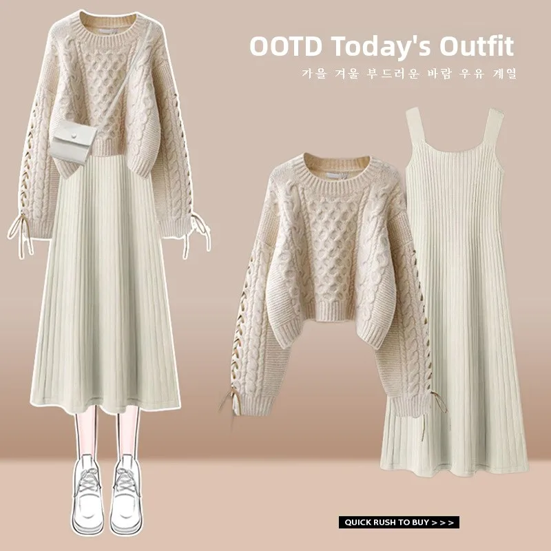 

Осенне-зимний женский вязаный свитер и комплект Dr, скрывающий дизайн для похудения, длинный све, круглый костюм из двух предметов