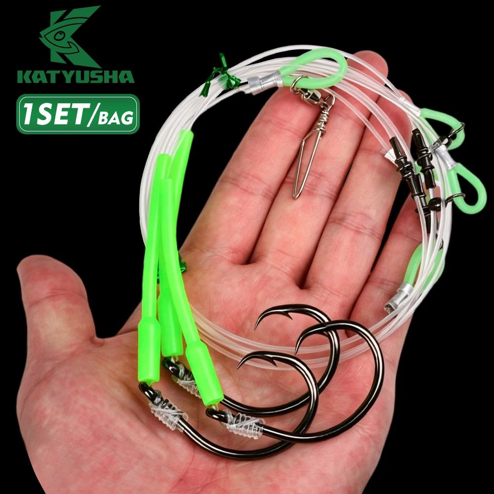 KATYUSHA 5Set Pre-tied Saltwater Fishing Rig Heavy Duty Circle Hook Rig With Glow Nylon Protective Tube Bass Sea Fishing Tackle