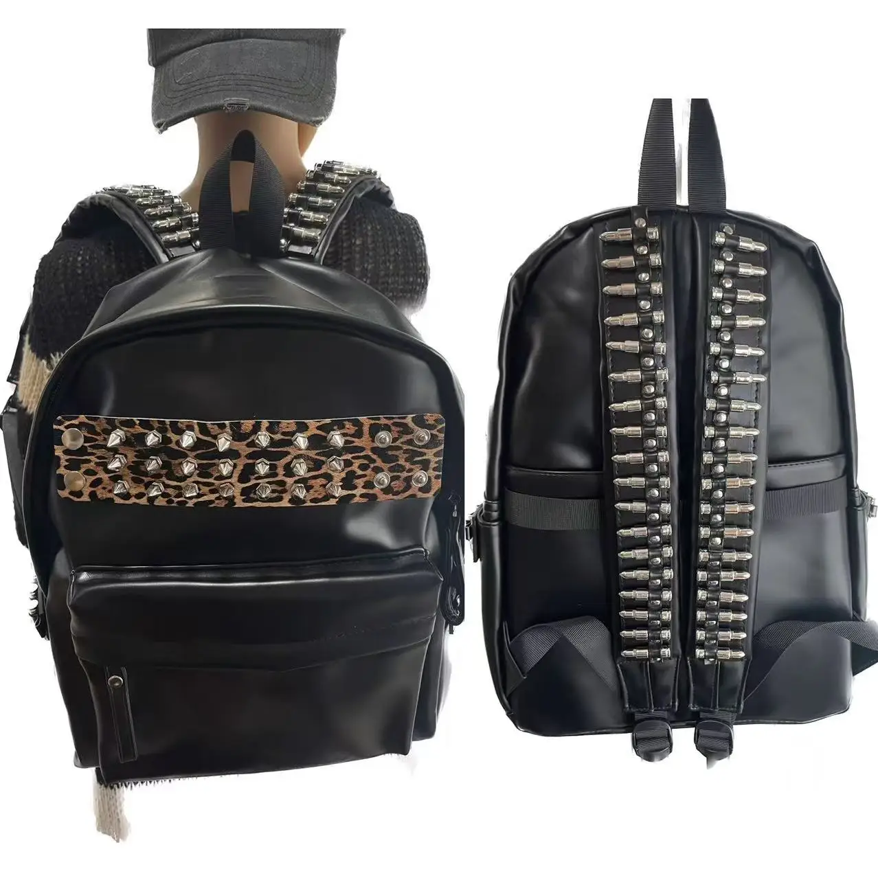 Punk Leopard Studded Backpack Women Y2K Gothic Faux Leather Backpack Bullet Metal Strap Decor Alt Black Aesthetic Rucksack