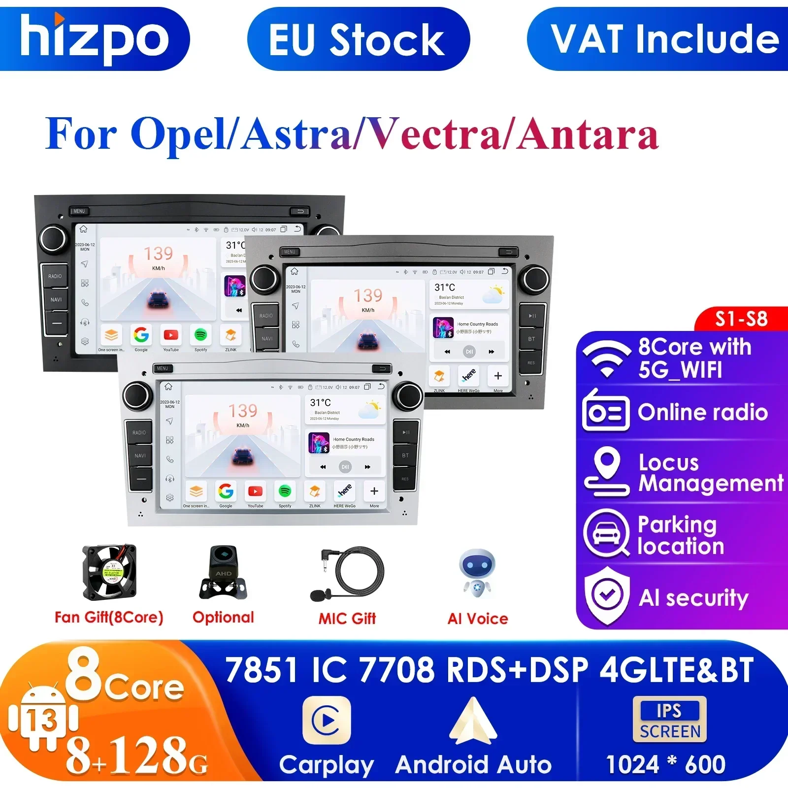 128G 4G-LTE Android 2Din Car GPS Player for Opel Astra H J 2004 Vectra Vauxhall Antara Zafira Corsa C D Vivaro Meriva Veda Radio