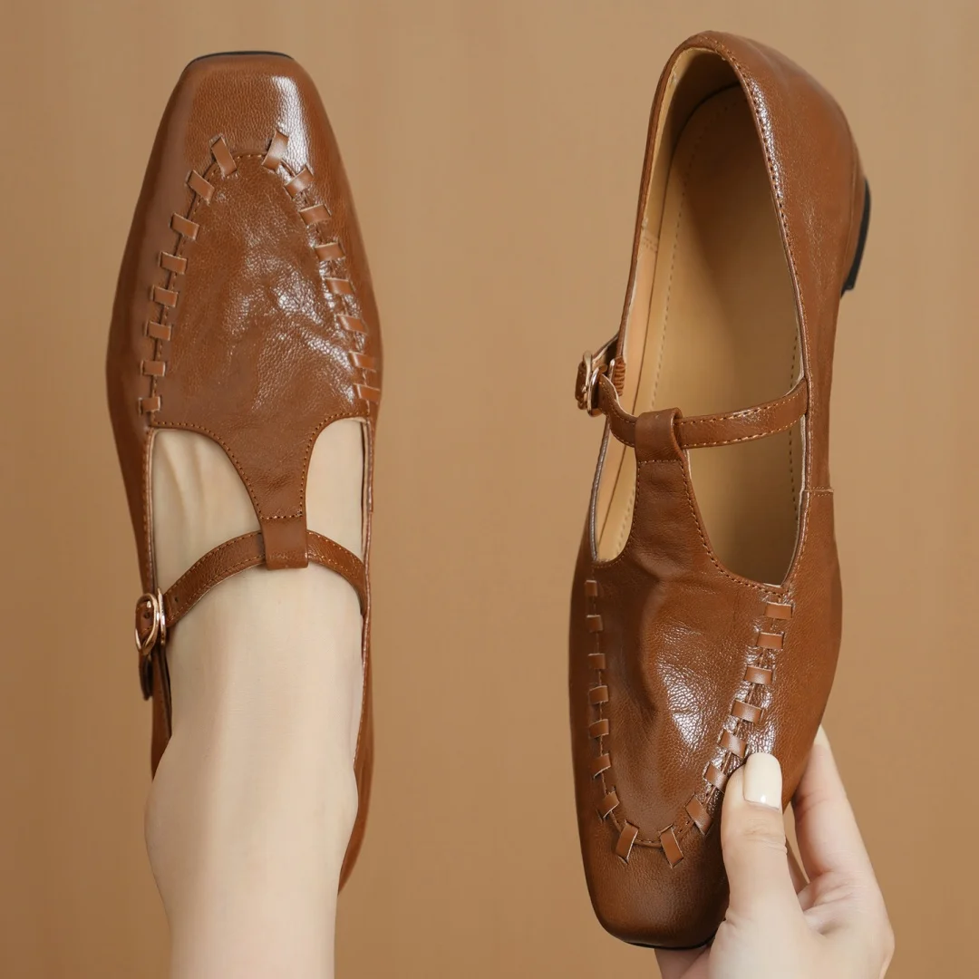 

Danxuefei 2026 весенние новые женские плиссированные туфли-лодочки из овчины с узкими ремешками и квадратным носком без шнуровки, модельные туфли на танкетке и среднем каблуке 4 см