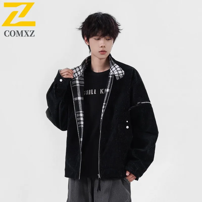 

COMXZ 2025 Men Two Tone Corduroy Fake Two Piece Plaid Jacket Trendy Casual Loose Fit Coat Outerwear lightweight windbreaker