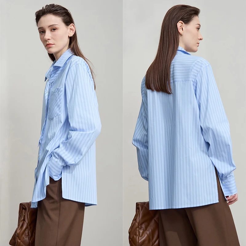 AMII 2025 Autumn Shirts Office Lady Long Sleeve Blue White Stripes Blouse Mid-length Loose Lapel Tops Women Clothing 12553021