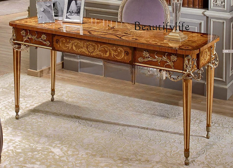 

European-style desk villa household large apartment solid wood carving flower office desk designer