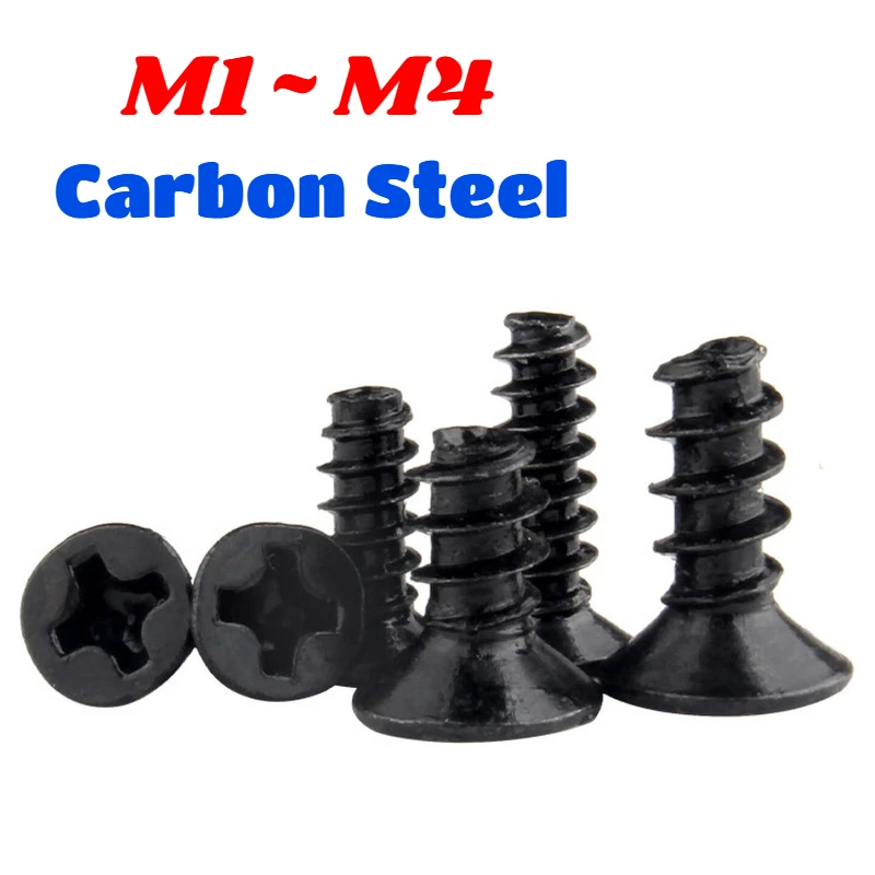 Black Carbon Steel Flat Head Cross Tapping Screw Cutting Tail for Plastic M1~M4 Phillips Self Tapping Screws Flat Tail